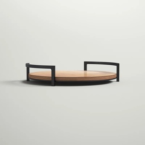 Plateau de rangement et de service rond en bois massif moderne avec poignées métalliques élégantes, design discret, idéal pour table basse, bar et maison - Product Image 1