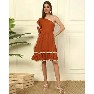 DEEBACO Women's Tan Solid Tiered Layered <b>Dress</b> One Shoulder Bell Layered Sleeves Fit & Flared Above Knee Length One Piece <b>Dress</b> - Product Image 5