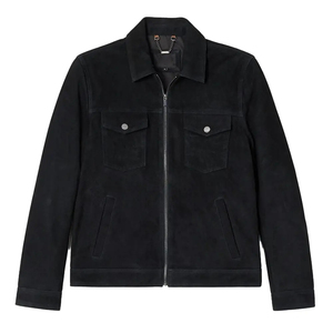 <b>Men's</b> Black <b>Suede</b> Zipper <b>Jacket</b> With Turn-down Collar And Pockets Casual Autumn Style Regular Fit - Product Image 1