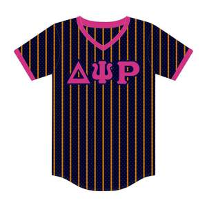 Delta Psi Rho Sorority Navy Pinstripe Pullover Jersey de béisbol Malla de poliéster Camiseta con cuello en V con bordado de relleno de huecos - Product Image 2