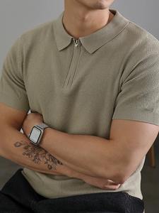 Punto Vintage con Cremallera para Hombre, Camisa Polo con Cuello Vuelto, 100% Algodón, Manga Corta, Color Sólido, Informal, Primavera y Verano - Product Image 5