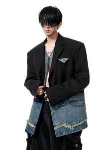 2025 diseño de nicho abrigos a medida personalidad imitación de dos piezas empalmado Denim Blazers hombre guapo traje de manga larga chaquetas para hombres - Product Image 5