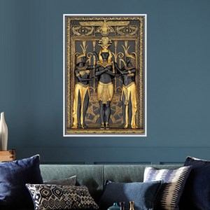 Cadeau élégant sur toile sur le thème de l'Égypte : affiche d'art imprimée avec hieroglyphes d'Anubis, encadrée de blanc. - Product Image 1