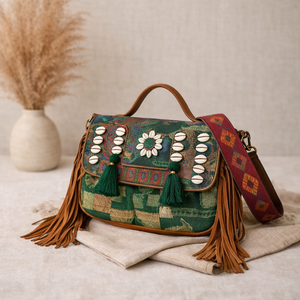 Forest Muse Embroidered Satchel Vibrant Patchwork & Embroidered <b>Fringe</b> <b>Bag</b> with Cowrie Shells - Bohemian Chic Tote - Product Image 3