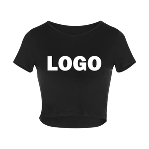 Haut court personnalisé à col en O pour femmes, t-shirt d'été décontracté, basique, sexy, streetwear, hauts noirs à manches courtes - Product Image 3