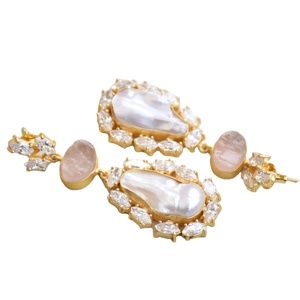 Premium Brass <b>Cluster</b> Earrings Gold Plated Zircon Raw Natural Stone Design High Polish Gold Plated Nickel Free Durable - Product Image 2