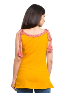 Ensemble long 2 pièces en coton slub uni imprimé de qualité supérieure pour femmes/filles, confortable, couleur jaune, manches trois quarts, col rond - Product Image 2