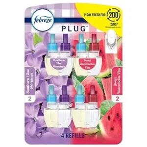 Febreze Odor-Fighting Fade Defy PLUG Ambientador en Barra, Southern Lilac Mornings, Sweet Watermelon Vine, Paquete de 4 (2 de cada), .79 fl. oz. - Product Image 1