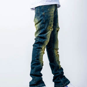กางเกงทรงบานสำหรับผู้ชายกางเกงยีนส์ดีไซน์แบบเรียงซ้อนทาสีเอวกลาง - Product Image 4