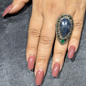 REYES Bague de déclaration en forme de poire en saphir bleu et émeraude en or 14 carats en argent 925 avec diamant naturel bijoux victoriens - Product Image 6