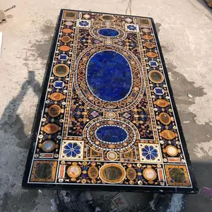 Inlay Marmor-Oberteil Kaffee Dekor Zentrum Pietra Dura Heimessen schwarz halbpreisgünstige handgemachte Kunst Seiten Steine Lapis