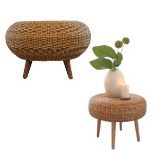 Ensemble de tabouret et table d'appoint en rotin fabriqués à la main Meubles tissés écologiques avec pieds en bois pour salon maison minimaliste - Product Image 1