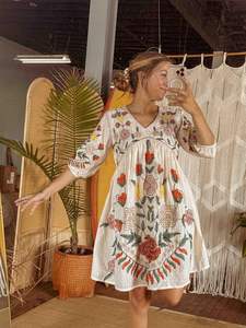 Floral Cotton Boho Cottagecore Dress Embroidered Ethical Handmade Fall <b>Jumper</b> Flowy Short Dress - Product Image 2