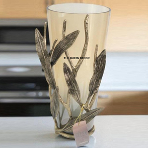 Modern Antique Aluminum Metal Round Shape Color Fully With <b>Glass</b> Leafy Looking Decorative <b>Flower</b> <b>Vase</b> - Product Image 3