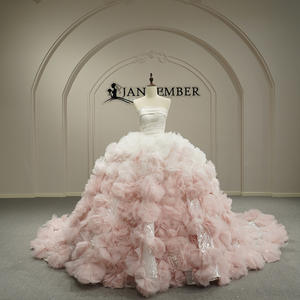 Jancember GT26065 Vestido de Novia Romántico con Cuello <span class=keywords><strong>Barco</strong></span> y Falda Abullonada con Flores Rosadas en 3D - Product Image 1