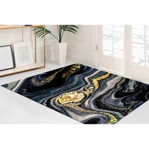Tapis en marbre noir : reflets dorés, tapis d'appoint moderne, tapis imprimé, tapis en chenille - Product Image 2