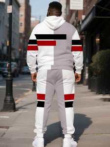 Ensemble survêtement homme blanc, gris, noir et rouge à motifs géométriques, pull à capuche et pantalon assorti, vente en gros OEM ODM - Product Image 2