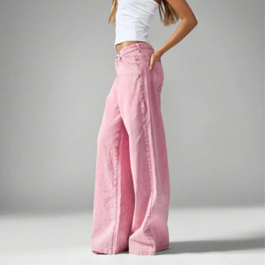 Hot Sale Wide Leg High <b>Waisted</b> Pastel Pink Cotton Denim Pants Woman Style Retro Button Casual Loose Fit Women's <b>Jeans</b> Pants - Product Image 2