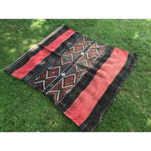 Vintage Accent Turkish Rug 3.7x4.5 ft <b>Red</b> <b>Wool</b> Kilim with Patchwork Pattern Eco-Friendly Latex Backing - Product Image 1