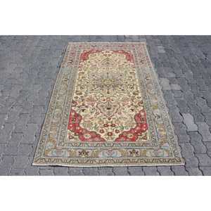 Turkish Accent Rug 3.7x6 ft, <b>Red</b> Ikat Vintage <b>Wool</b> Rug - Product Image 1