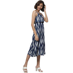 Vestido informal de rayón índigo XS con estampado Floral Ikat liso con tirantes finos con volantes Cami Halter para fiestas Club y vacaciones - Product Image 4