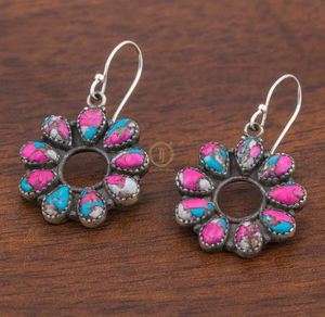 Boucles d'oreilles en coton turc turquoise, boucles d'oreilles en pierre rose et bleue, boucles d'oreilles en argent sterling 925, jaune et rose - Product Image 4