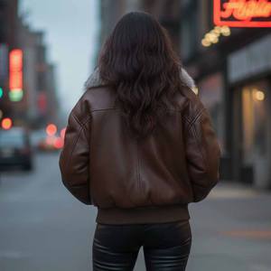 Blouson aviateur en cuir véritable pour femme, coupe fine, coupe-vent, avec col en fourrure de renard, style motard, streetwear d'hiver - Product Image 4