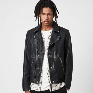 Veste de motard de rue haute personnalisable pour hommes en noir col rabattu en cuir véritable moto à la mode Streetwear - Product Image 1