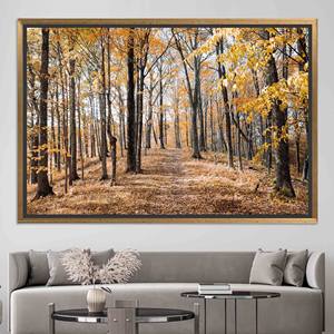 Elegante cuadro impreso sobre lienzo con diseño de bosque otoñal: decoración plana inspirada en la naturaleza, lienzo con marco dorado - Product Image 1