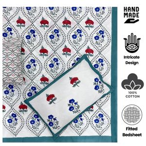 Premium mano bloque impreso 100% algodón 200TC 3 piezas Jaipuri Floral suave elástico ajustado juego de sábanas 78x80x12 pulgadas Hotel hogar - Product Image 2