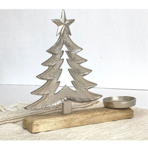 Handmade Silver Aluminium <b>Christmas</b> <b>Tree</b> <b>Candle</b> Holder On Mango Wood Base Modern Festive Home Decor Tabletop Votive Holder Gift - Product Image 6