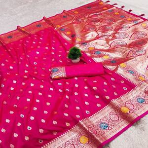 Sari en soie Banarasi douce VASTRA COTTAGE avec petits motifs Zari Meenakari, bordure Meenakari Pallu et glands, avec chemisier en soie - Product Image 1