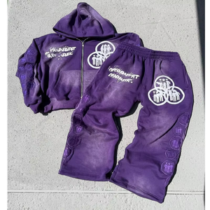 Conjunto Deportivo Personalizado OEM, Estilo Casual de Invierno, Lavado Ácido, Vintage, Unisex, con Capucha, Parches Desgastados, Pantalones de Poliéster/Algodón - Product Image 3
