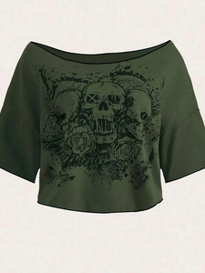 Chemisiers pour femmes toutes saisons, motif tête de mort sauvage, manches courtes, épaules dénudées, chemisiers décontractés, t-shirts, hauts décontractés pour femmes, nouveauté 2025 BZZ4 - Product Image 4