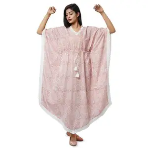 新款2024粉色印度手印卡夫坦长袍夏装男女通用和服度假宽松连衣裙女装