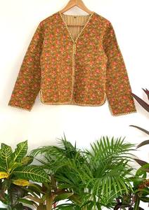 Indian Hand Block Printed Cotton Quilted <b>Jacket</b> for Women Breathable Reversible Floral Button All Season Casual Outerwear <b>Jersey</b> - Product Image 6