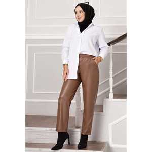 Pantalones Casuales de Cuero Color Bronceado con Cintura Elástica, Opciones de Cintura Alta y Media, Estilo Lápiz, Tela con Efecto Arrugado, Mezcla de PU - Product Image 5
