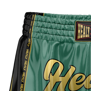 กางเกงชกมวย Healy สำหรับผู้ชาย สีเขียวทอง พิมพ์ลายโลโก้ด้วยเทคนิค Sublimation ผลิตจากโพลีเอสเตอร์ ยืดหยุ่นได้ เหมาะสำหรับศิลปะการต่อสู้ ทรงปกติ สำหรับผู้ใหญ่ - Product Image 4