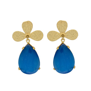 Nueva llegada Piedra preciosa de Calcedonia azul con juego de aretes de gota chapados en oro con pasador de hoja - Product Image 1