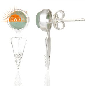 Pendientes Colgantes de Plata de Ley Fina Hechos a Mano con Gemas Naturales de Calcedonia Aqua y Circonita Cúbica, Fabricante de Joyería Personalizada - Product Image 3