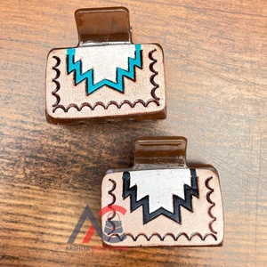 Best Selling Western Inspired Handmade <b>Tooled</b> Leather Mini Hair Clips Geometric <b>Engraved</b> Claw Clip Accessories for Women's - Product Image 1
