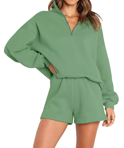 Conjunto de dos piezas de verano para mujer: Sudadera corta con cremallera de punto casual personalizada y pantalones jogger sólidos por encima de la rodilla - Product Image 1