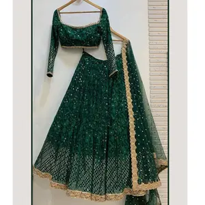 Georgette-ropa de boda de diseño indio, ropa de boda de color verde oscuro, Lehenga Choli con Secuencia bordada, venta al por mayor