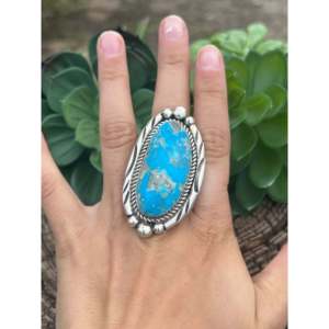 Tony Yazzie Kingman Turquoise Sterling Silver <b>Adjustable</b> <b>Ring</b> Boho Style Smooth Emerald Bezel Setting for Everyday Wear Size 8.5 - Product Image 2
