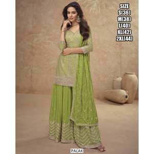 Costume Sharara Plazo avec dupatta à franges, col rond, manches trois quarts, longue robe ethnique Anarkali, costume de mariage Punjabi brodé - Product Image 5