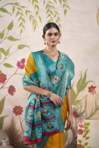 Sarees Tussar Chex de moda con estampados tradicionales de Patola y blusa con borde tejido para compradores de ropa India al por mayor - Product Image 2