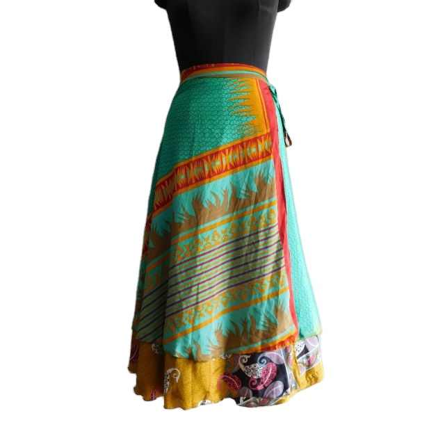Sexy Silk Sari Skirt 2 Layer Magic Wrap Vintage Reversible Hand Block Flower Printed Long Belly Dance Dress