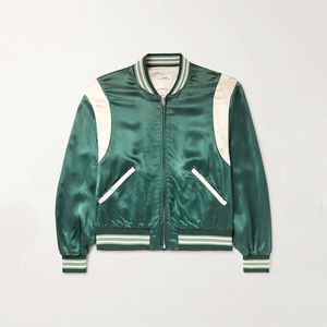 แจ็คเก็ตบอมเบอร์ผ้าซาตินสีเขียวแบบมีซิป รุ่นใหม่ สไตล์ลำลอง แต่งขอบขาวที่ไหล่ สำหรับผู้ชาย ผลิตตามแบบ OEM - Product Image 1