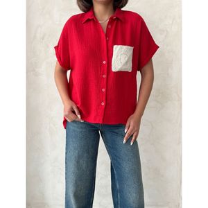 Camisa de Lino para Mujer Topshow con Aplique de Bolsillo Rojo, Blusas y Camisas de Lino Crudo al por Mayor - Product Image 3