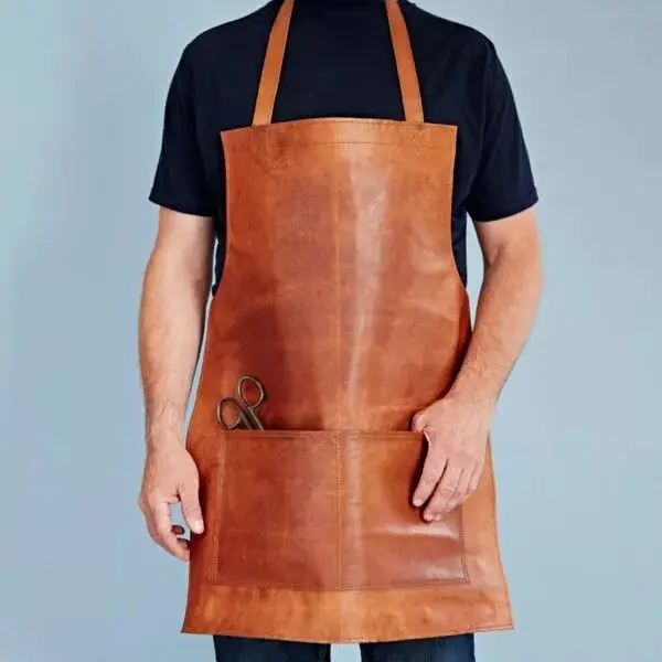 Avental de couro cor marrom, avental de barbeiro com alça de couro frontal e três bolsos, avental para restaurante